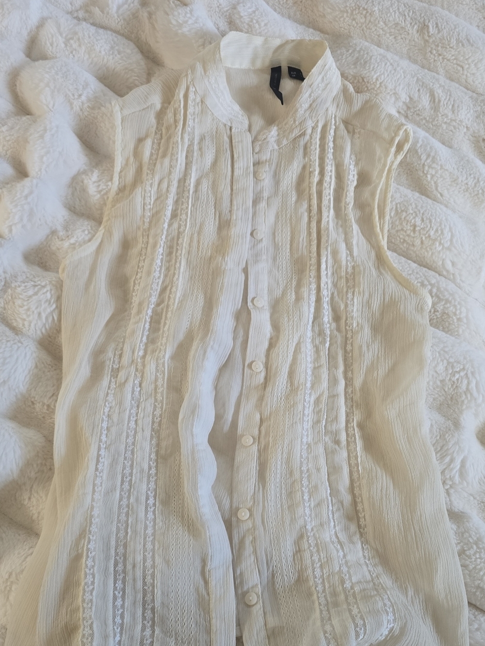 Sleeveless Cream Pintuck Lace-Trim Button Front Blouse